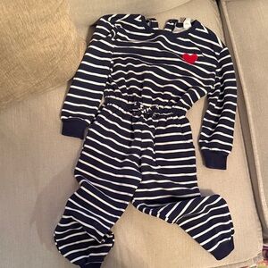 Striped Navy and White Baby Jumpsuit with Red Heart